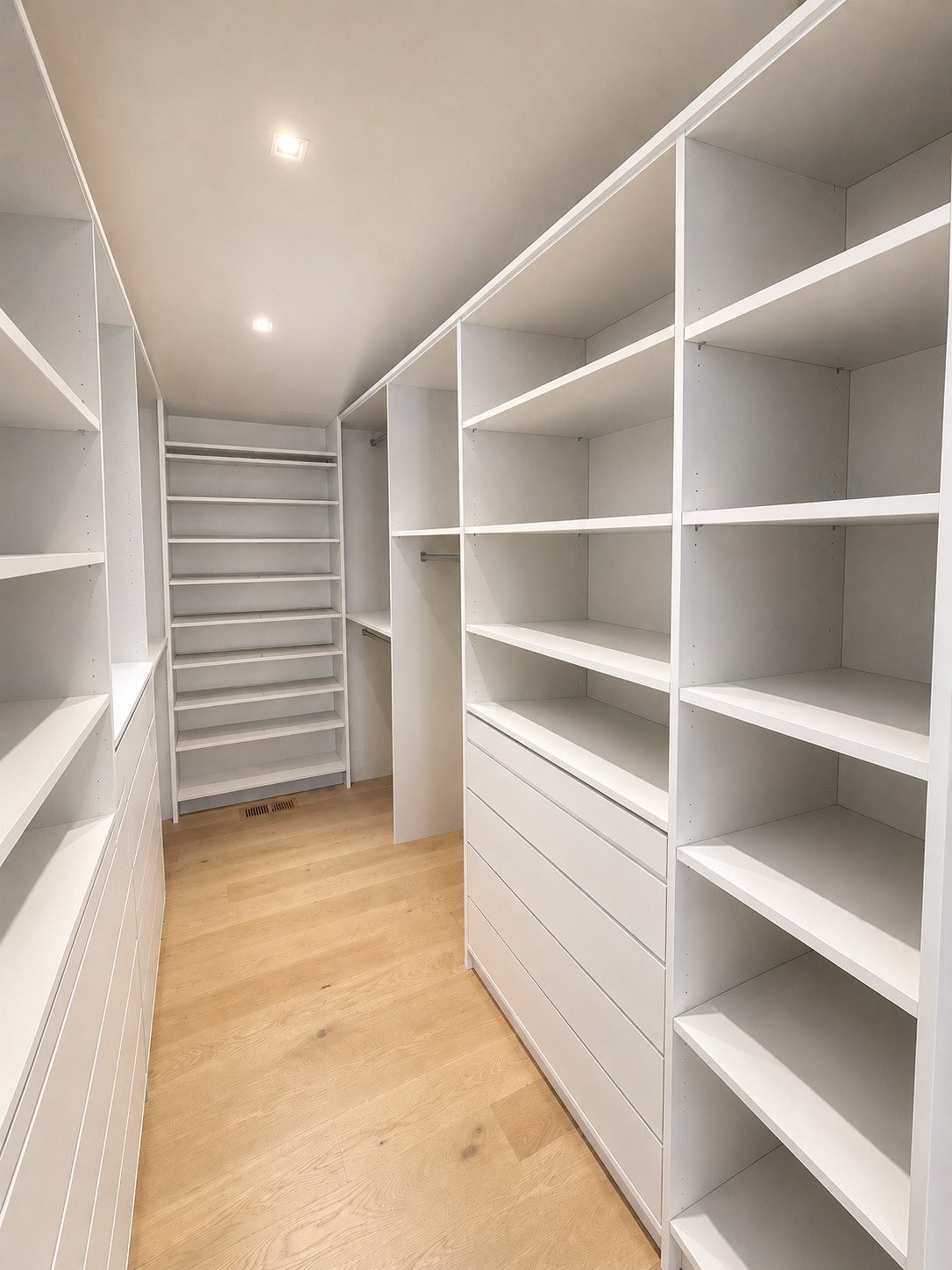 Custom white walk-in closet with adjustable shelving, hanging rods and drawer bank