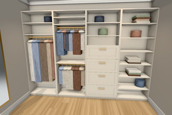 3D design of a warm white walk-in closet with double hanging, a drawer tower, long hanging and shelves
