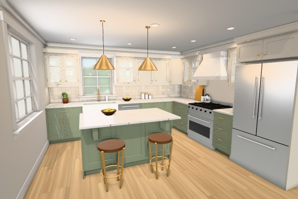 3D design of an L-shaped kitchen with sage inset cabinets under warm white uppers, a farmhouse sink at the window and an island with stools