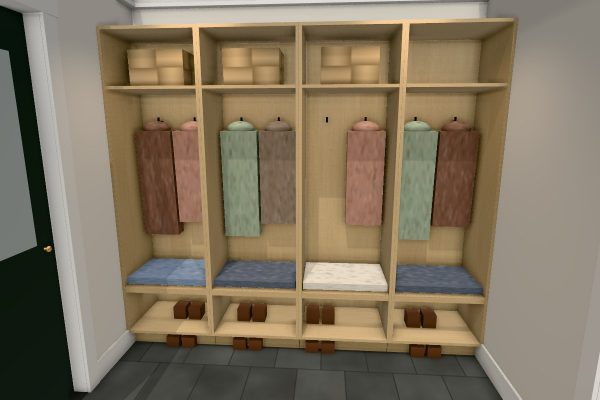 3D design of four white oak mudroom lockers with benches, coat hooks and cubbies
