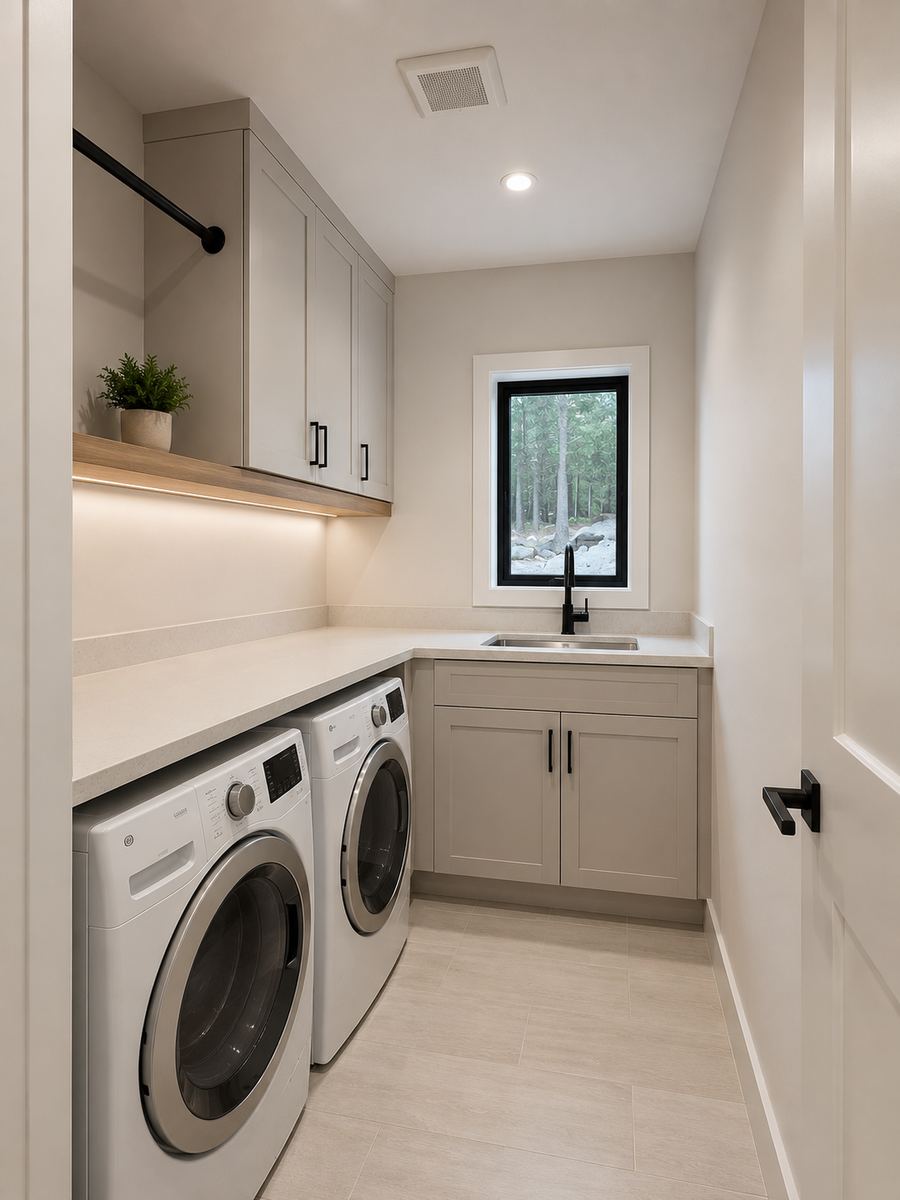 Laundry room with greige cabinetry, a white oak floating shelf and under-cabinet lighting